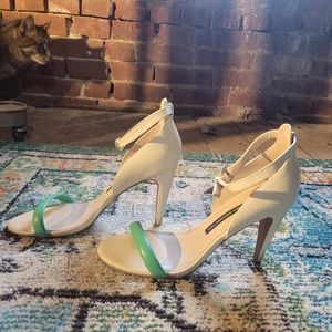 French Connection green and white strappy stilettos